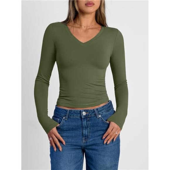 Slim Fit V-Neck Long Sleeve Athletic Crop Top - Picture 2 of 7